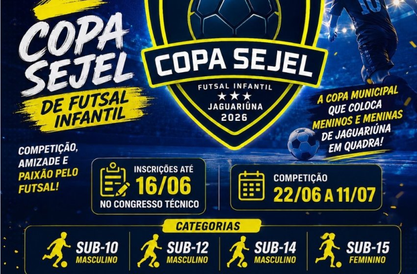 PREFEITURA DE JAGUARIÚNA ABRE INSCRIÇÕES PARA A 2ª COPA SEJEL DE FUTSAL INFANTIL